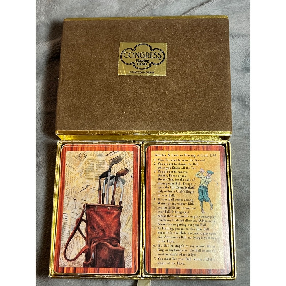 Vintage Congress Playing Cards Golf Theme 2 Decks Gold Box Spain Complete